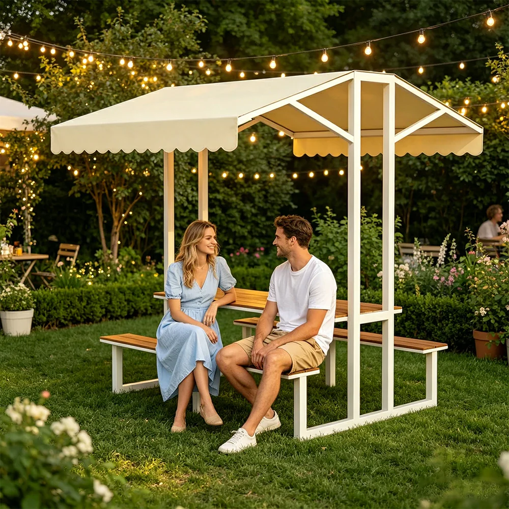 SOLARA Outdoor Table Bench Set with Canopy Metal Frame WPC Surface 120/160/200cm for Patio Garden Cafe - White - Image 8
