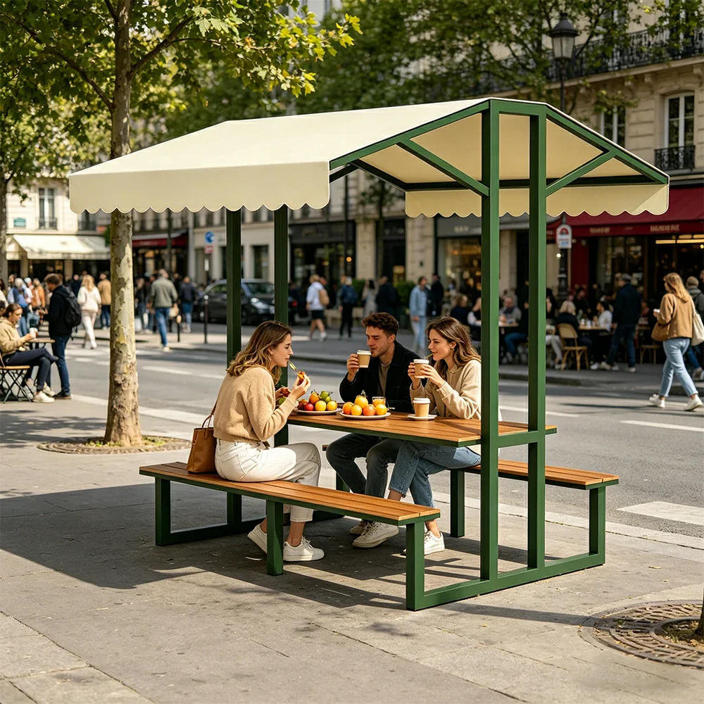 SOLARA Outdoor Table Bench Set with Canopy Metal Frame WPC Surface 120/160/200cm for Patio Garden Cafe - Dark Green - Image 8