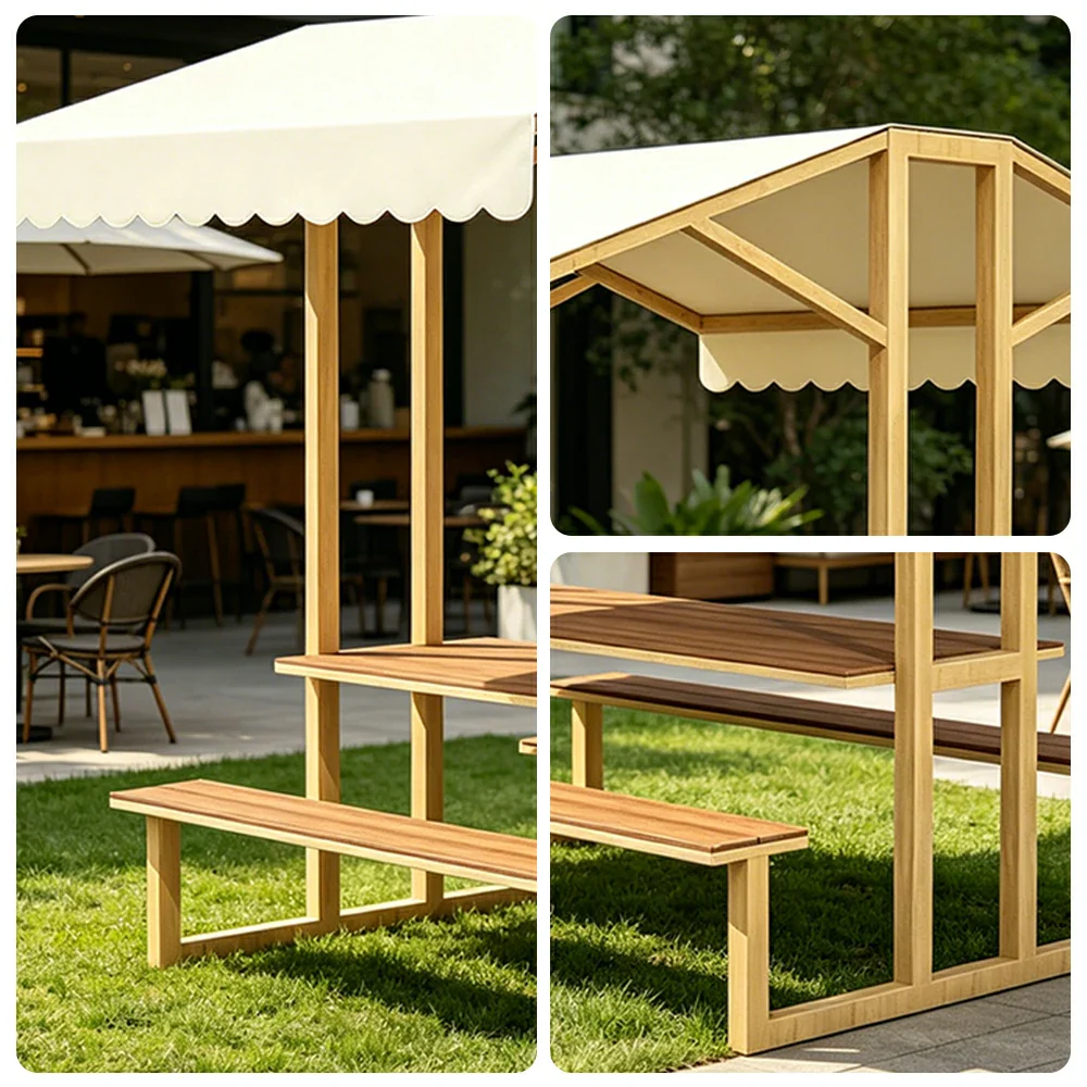 SOLARA Outdoor Table Bench Set with Canopy Metal Frame WPC Surface 120/160/200cm for Patio Garden Cafe - Wood - Image 3
