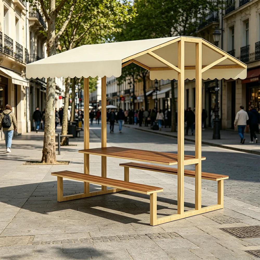 SOLARA Outdoor Table Bench Set with Canopy Metal Frame WPC Surface 120/160/200cm for Patio Garden Cafe - Wood - Image 5