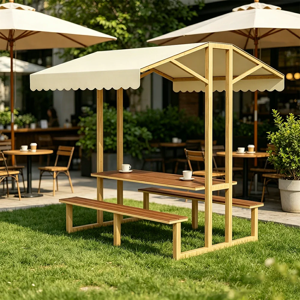 SOLARA Outdoor Table Bench Set with Canopy Metal Frame WPC Surface 120/160/200cm for Patio Garden Cafe - Wood - Image 7
