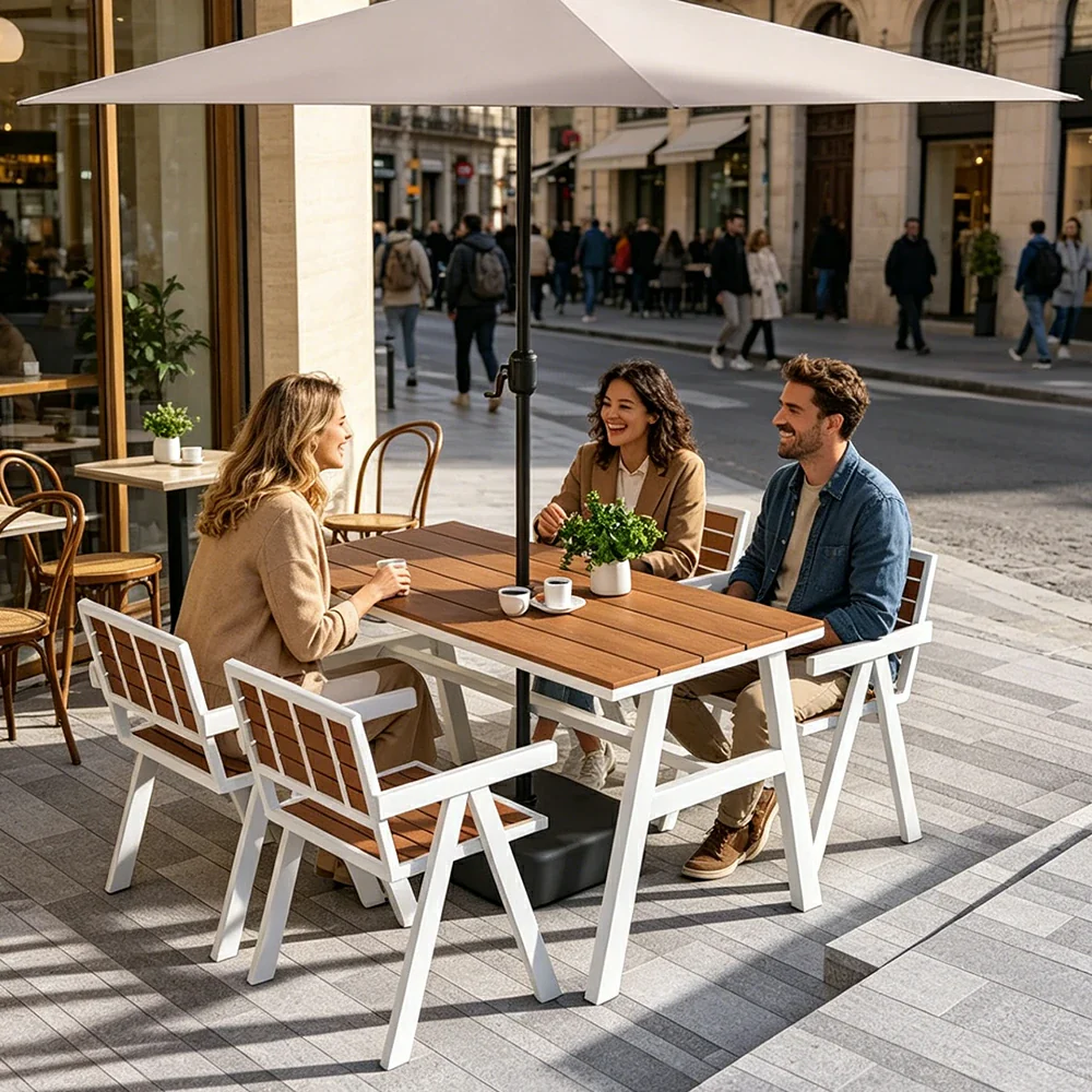 SOLARA Outdoor Chair Set of 4 WPC Seat Galvanised Steel Frame for Patio Garden Cafe Balcony - White - Image 6