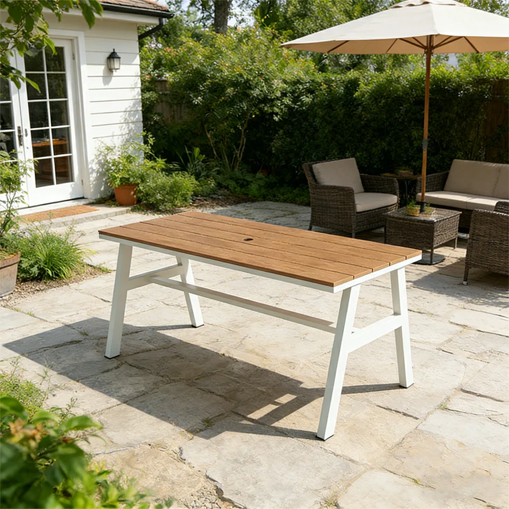 SOLARA Outdoor Dining Table WPC Top Heavy Duty Steel Frame 120/140/160cm for Patio Garden Cafe Restaurant - White - Image 2