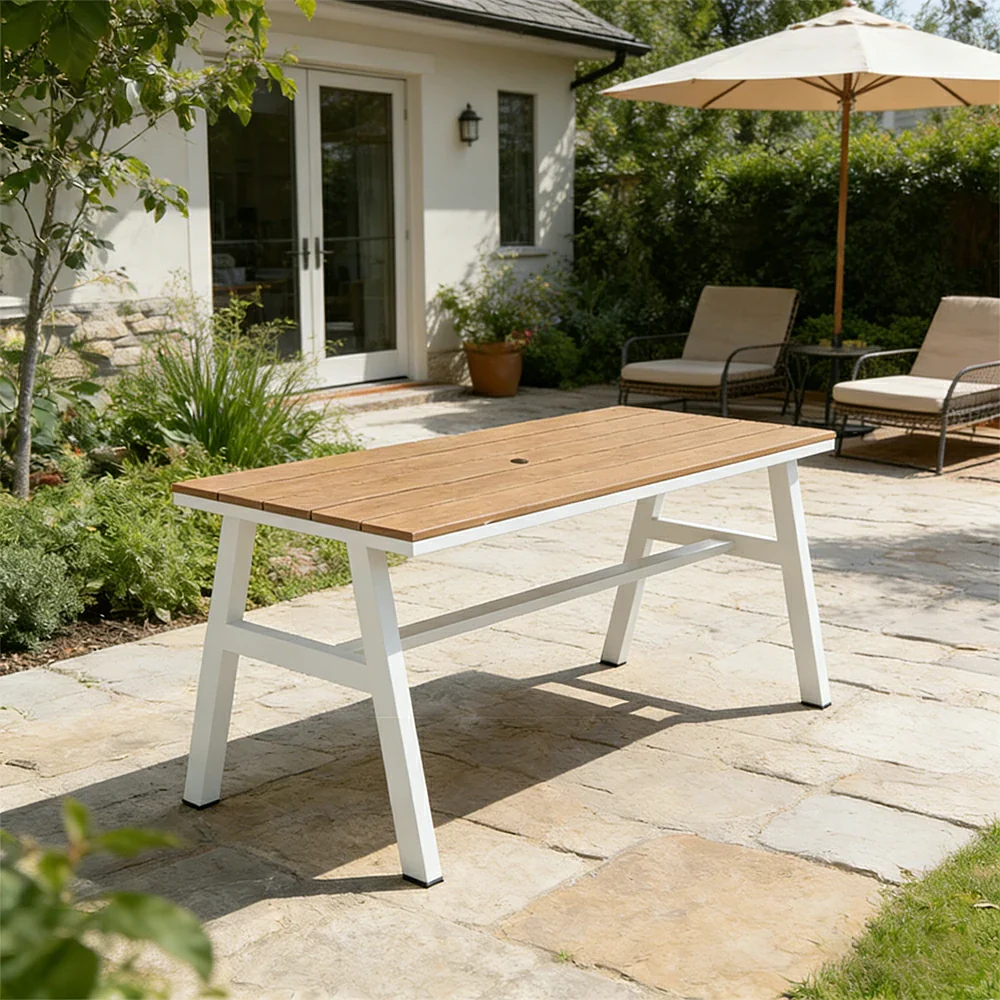 SOLARA Outdoor Dining Table WPC Top Heavy Duty Steel Frame 120/140/160cm for Patio Garden Cafe Restaurant - White - Image 4