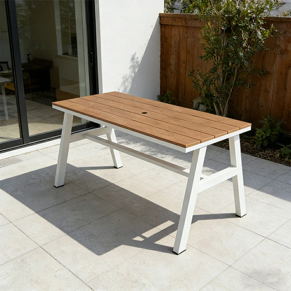 SOLARA Outdoor Dining Table WPC Top Heavy Duty Steel Frame 120/140/160cm for Patio Garden Cafe Restaurant - White - Image 5