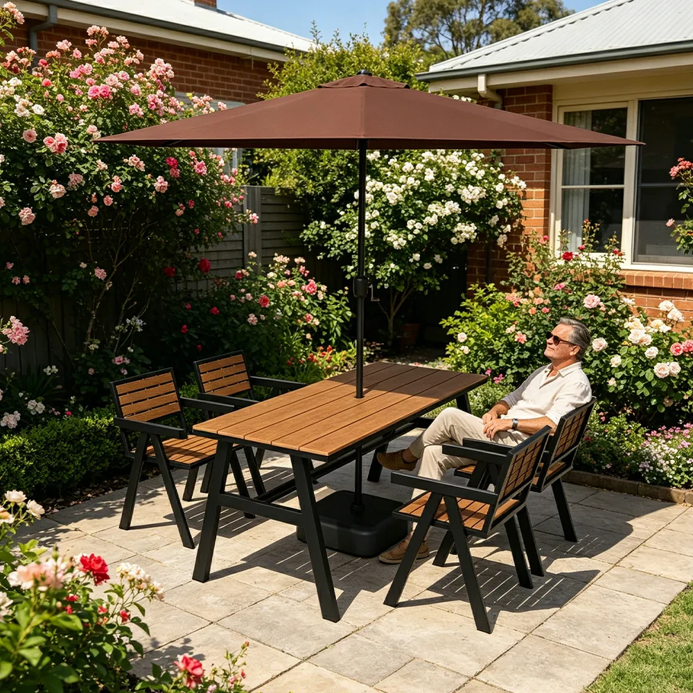 SOLARA Outdoor Table Chair Set with Umbrella 120/140/160cm Patio Garden Cafe Dining Set - Black - Image 5