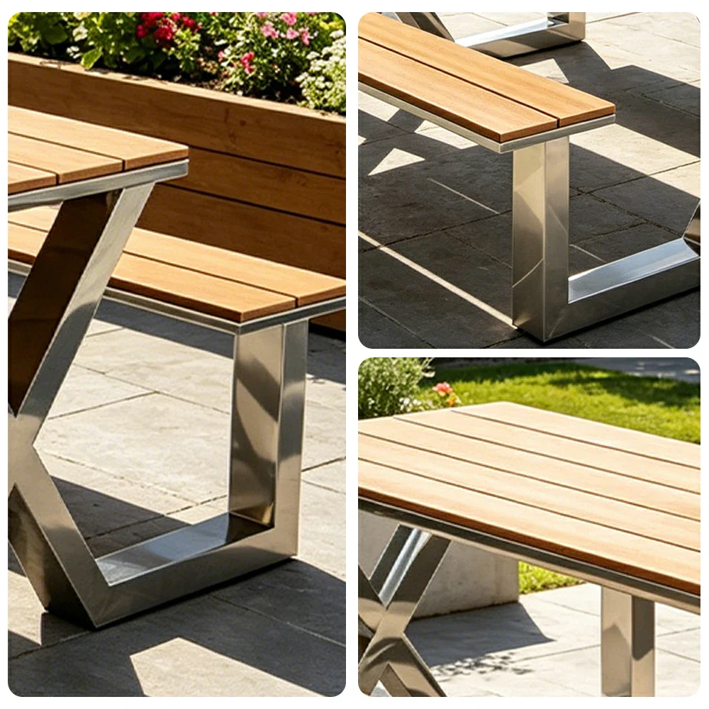 SOLARA Outdoor Table Bench Set Stainless Steel Frame 120/160/200cm Patio Cafe Commercial Use - Silver - Image 3