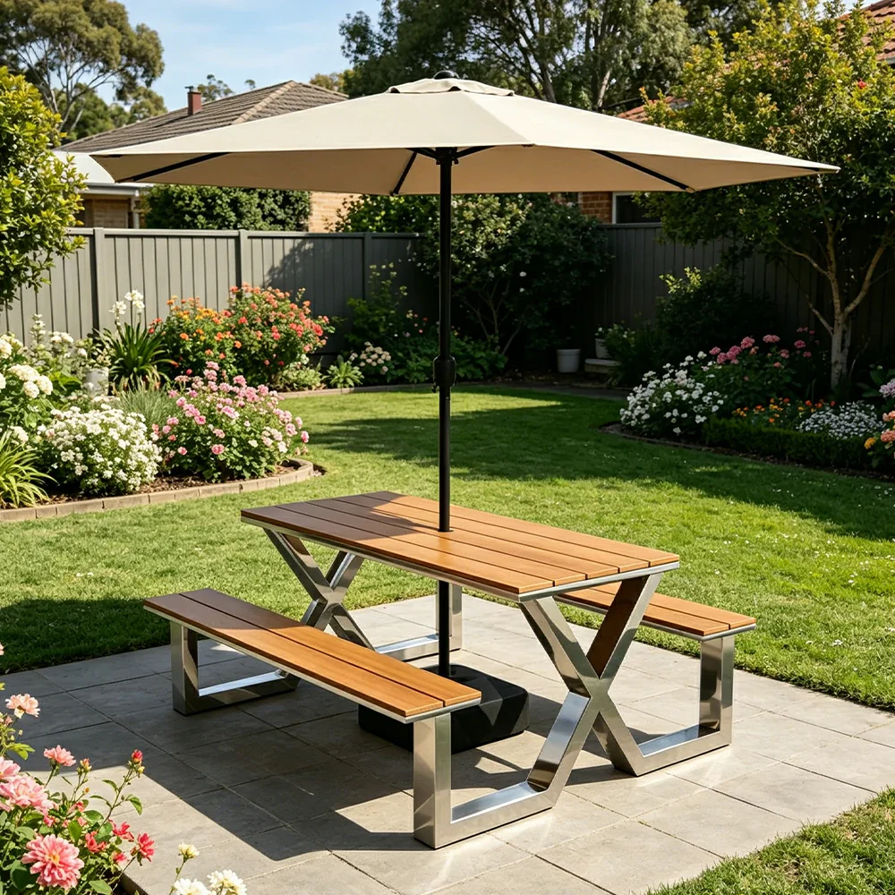 SOLARA Outdoor Table Bench Set Stainless Steel Frame with Umbrella 120/160/200cm Patio Cafe Commercial Use - Silver - Image 2
