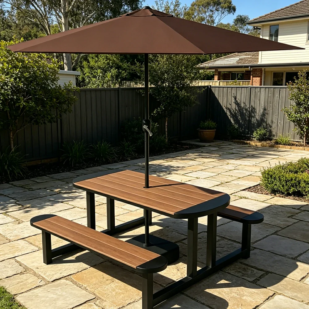 SOLARA Outdoor Picnic Table Bench Set with Umbrella 120/150cm Patio Garden Cafe Dining Use - Black - Image 2