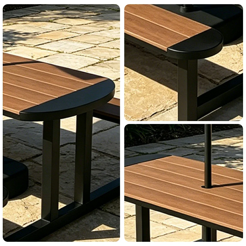 SOLARA Outdoor Picnic Table Bench Set with Umbrella 120/150cm Patio Garden Cafe Dining Use - Black - Image 3