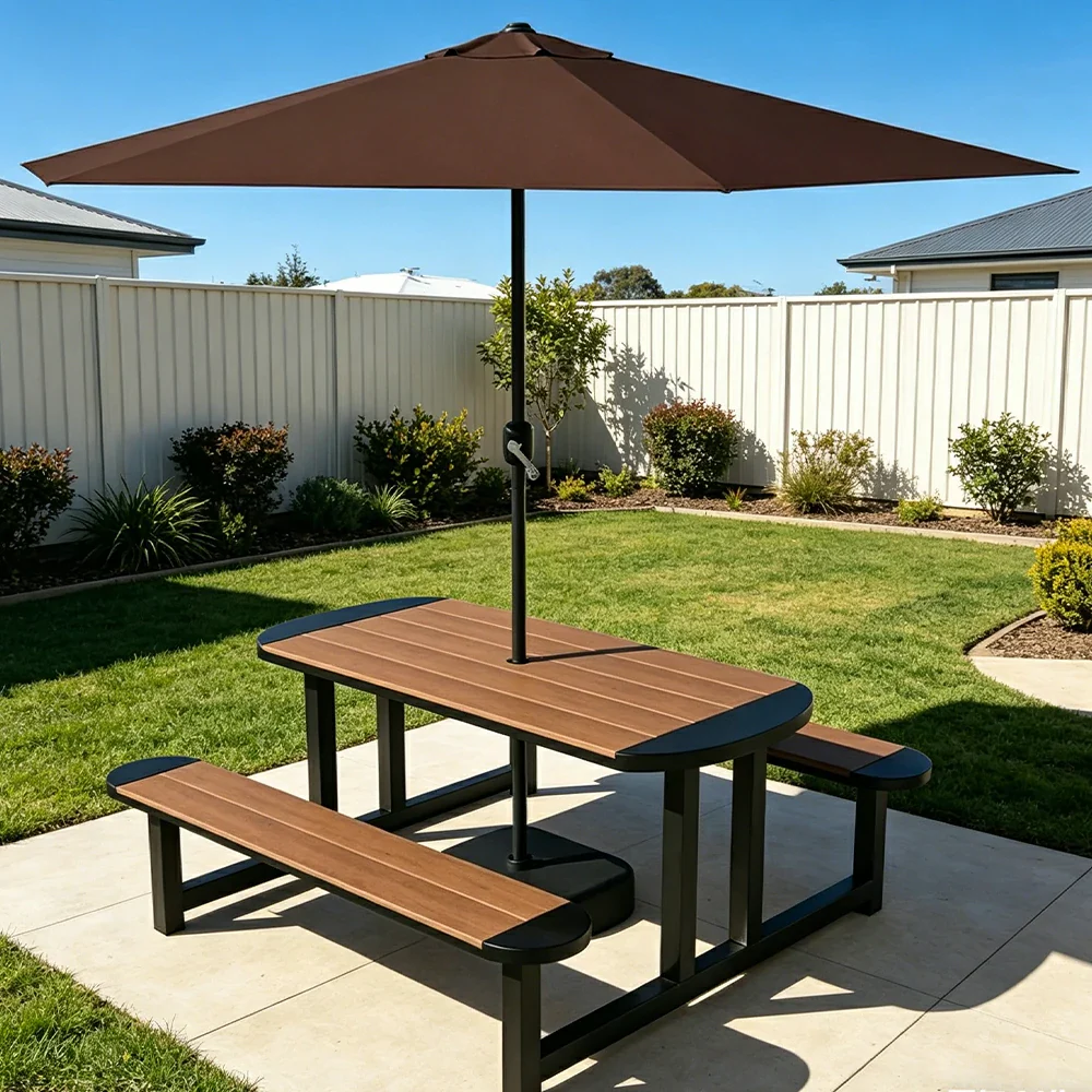 SOLARA Outdoor Picnic Table Bench Set with Umbrella 120/150cm Patio Garden Cafe Dining Use - Black - Image 4