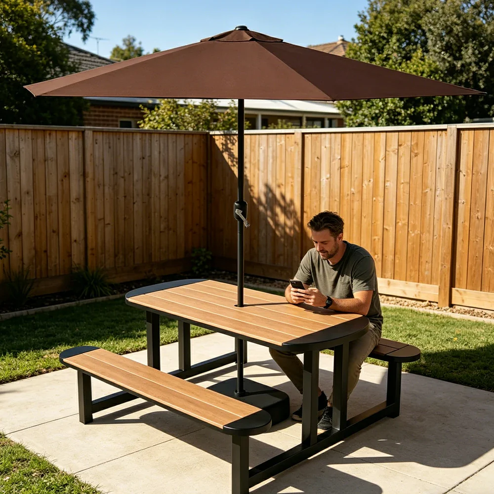 SOLARA Outdoor Picnic Table Bench Set with Umbrella 120/150cm Patio Garden Cafe Dining Use - Black - Image 5