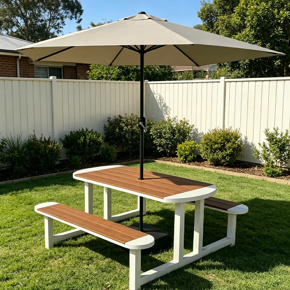 SOLARA Outdoor Picnic Table Bench Set with Umbrella 120/150cm Patio Garden Cafe Dining Use - White - Image 4