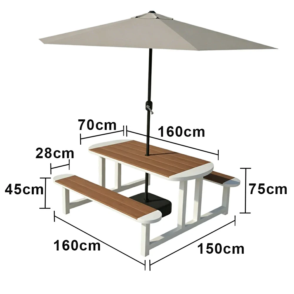 SOLARA Outdoor Picnic Table Bench Set with Umbrella 120/150cm Patio Garden Cafe Dining Use - White - Image 7