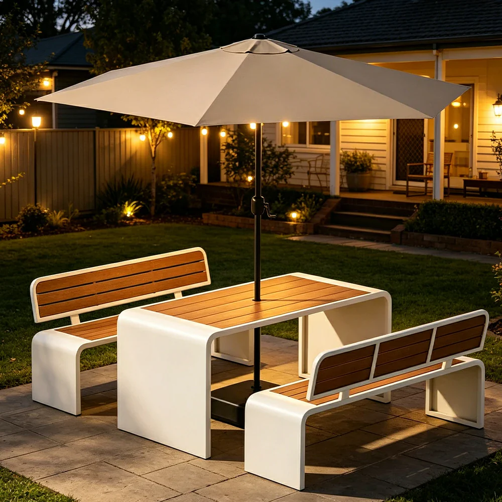 SOLARA Outdoor Table Bench Set with Umbrella 120/160/200cm Patio Garden Cafe Dining Set - White - Image 2