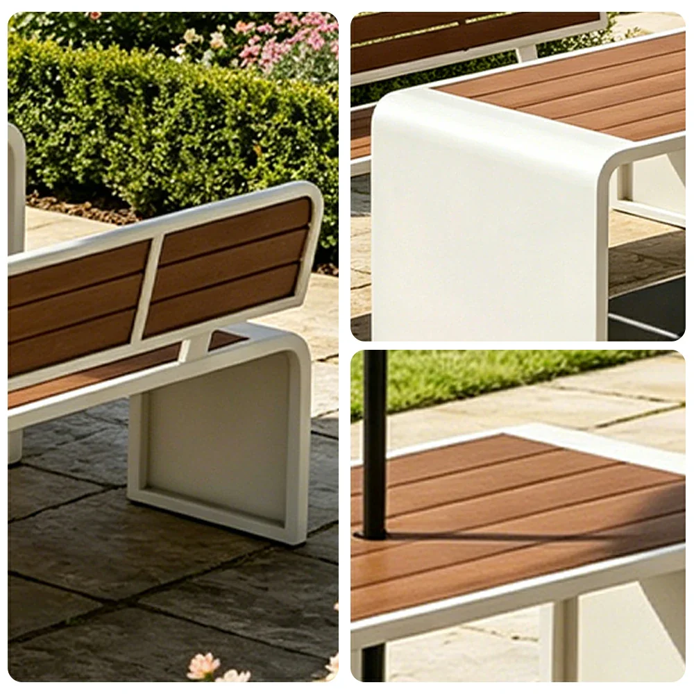SOLARA Outdoor Table Bench Set with Umbrella 120/160/200cm Patio Garden Cafe Dining Set - White - Image 3