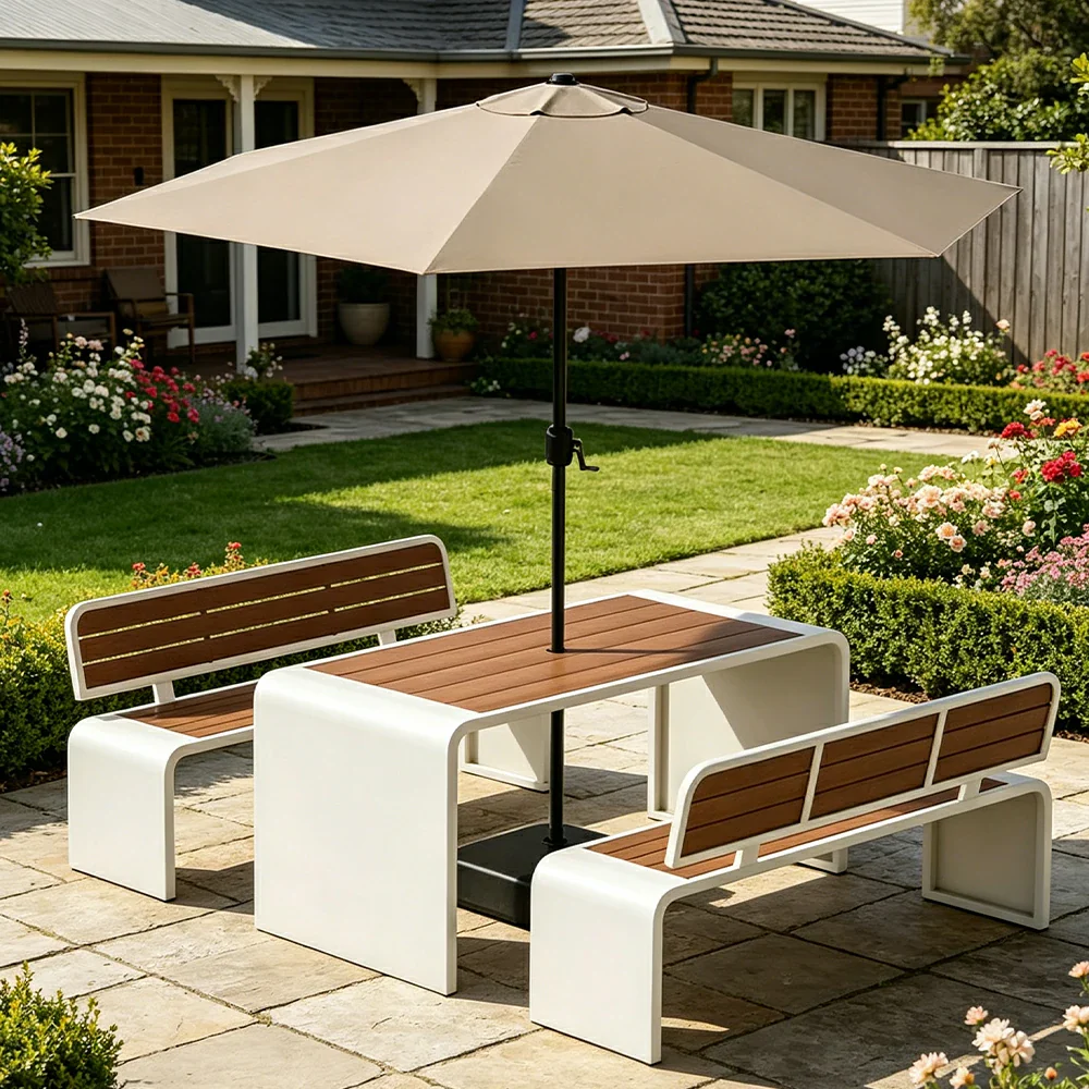 SOLARA Outdoor Table Bench Set with Umbrella 120/160/200cm Patio Garden Cafe Dining Set - White - Image 4