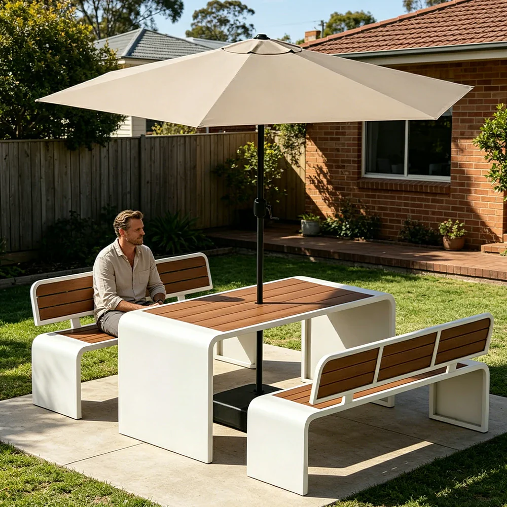 SOLARA Outdoor Table Bench Set with Umbrella 120/160/200cm Patio Garden Cafe Dining Set - White - Image 5