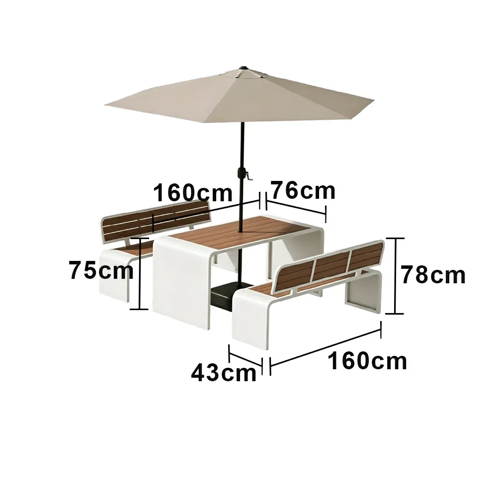 SOLARA Outdoor Table Bench Set with Umbrella 120/160/200cm Patio Garden Cafe Dining Set - White - Image 7