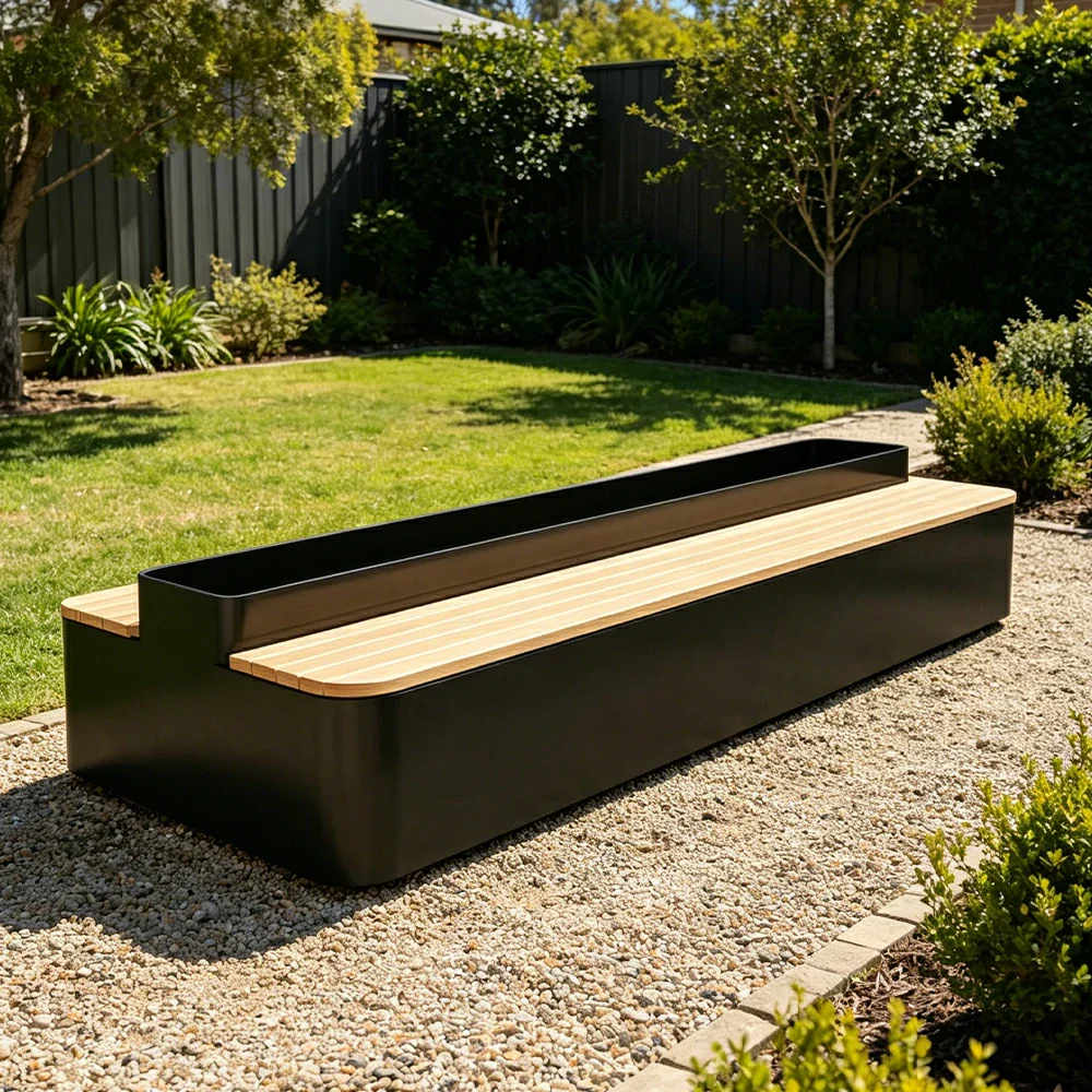 SOLARA Outdoor Planter Bench Double-Sided Seating 100/150/180cm Patio Garden Cafe Commercial Use - Black - Image 4