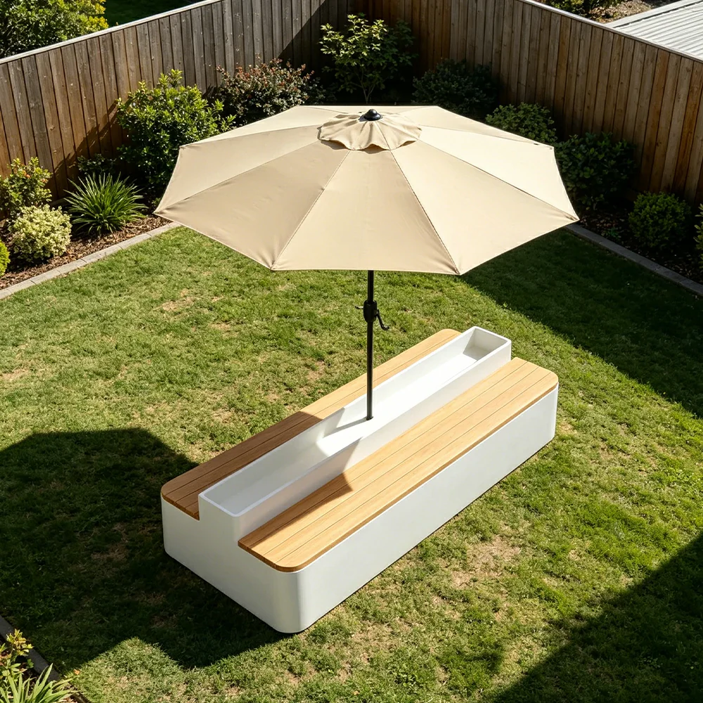 SOLARA Outdoor Planter Bench with Umbrella Double-Sided Seating 100/150/180cm Patio Cafe Garden Use - White - Image 4