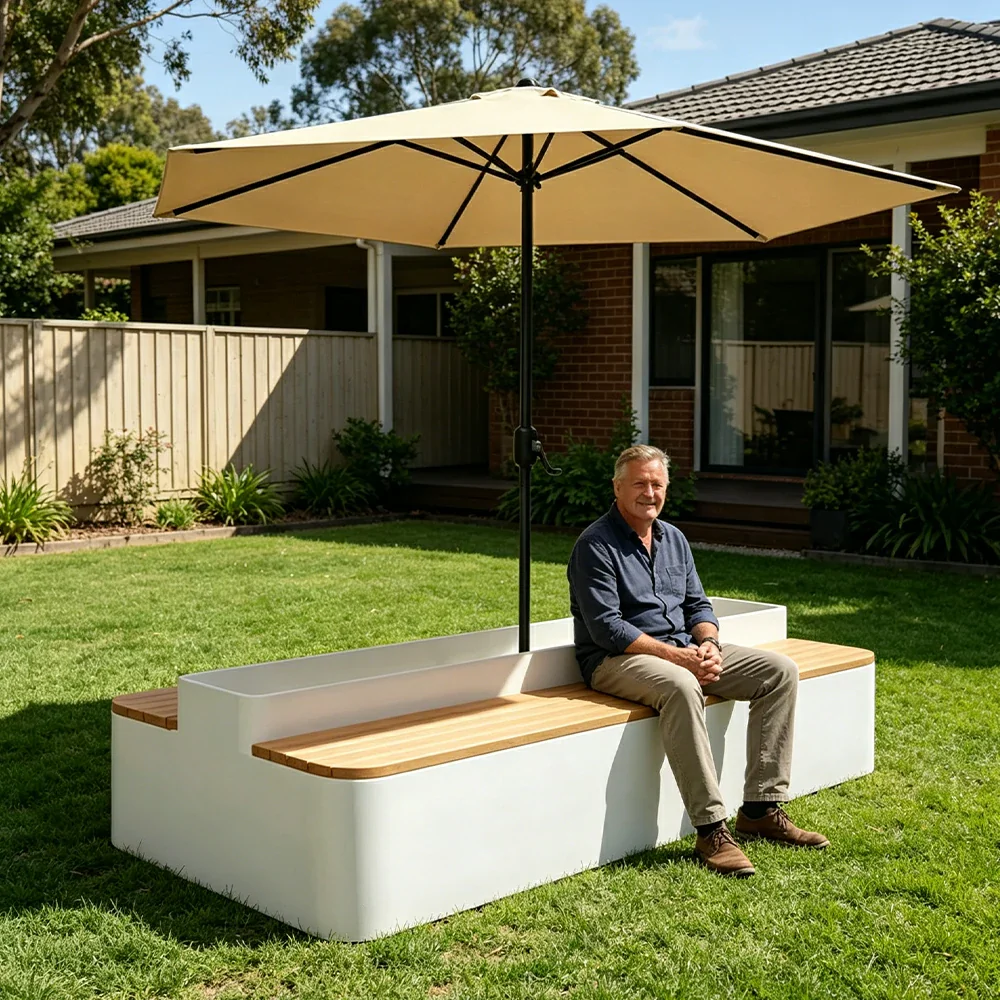 SOLARA Outdoor Planter Bench with Umbrella Double-Sided Seating 100/150/180cm Patio Cafe Garden Use - White - Image 5