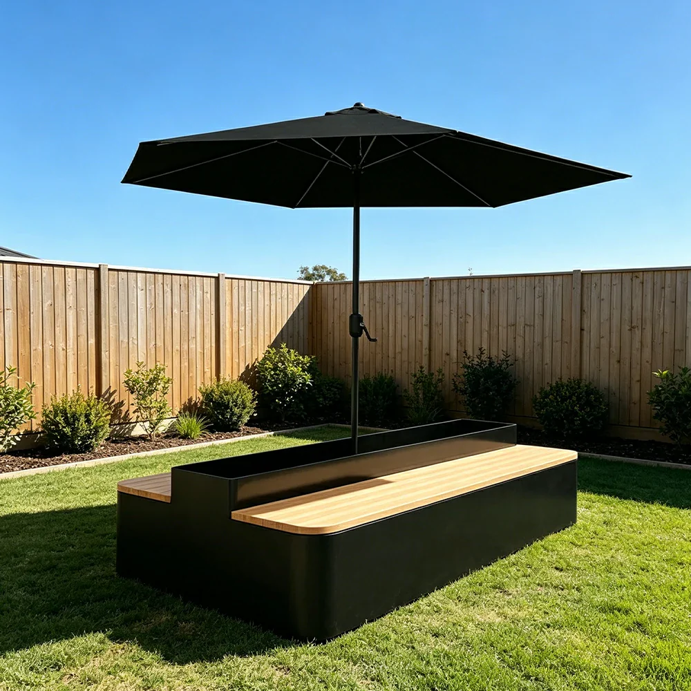 SOLARA Outdoor Planter Bench with Umbrella Double-Sided Seating 100/150/180cm Patio Cafe Garden Use - Black - Image 4