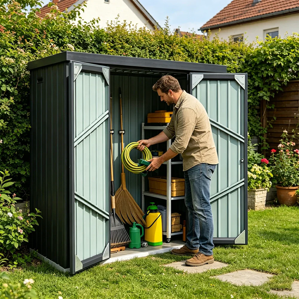 SOLARA Outdoor Metal Storage Shed Large Capacity Double Door Weatherproof Sloped Roof Reinforced Frame Garden Backyard Tool Storage - Grey - Image 6