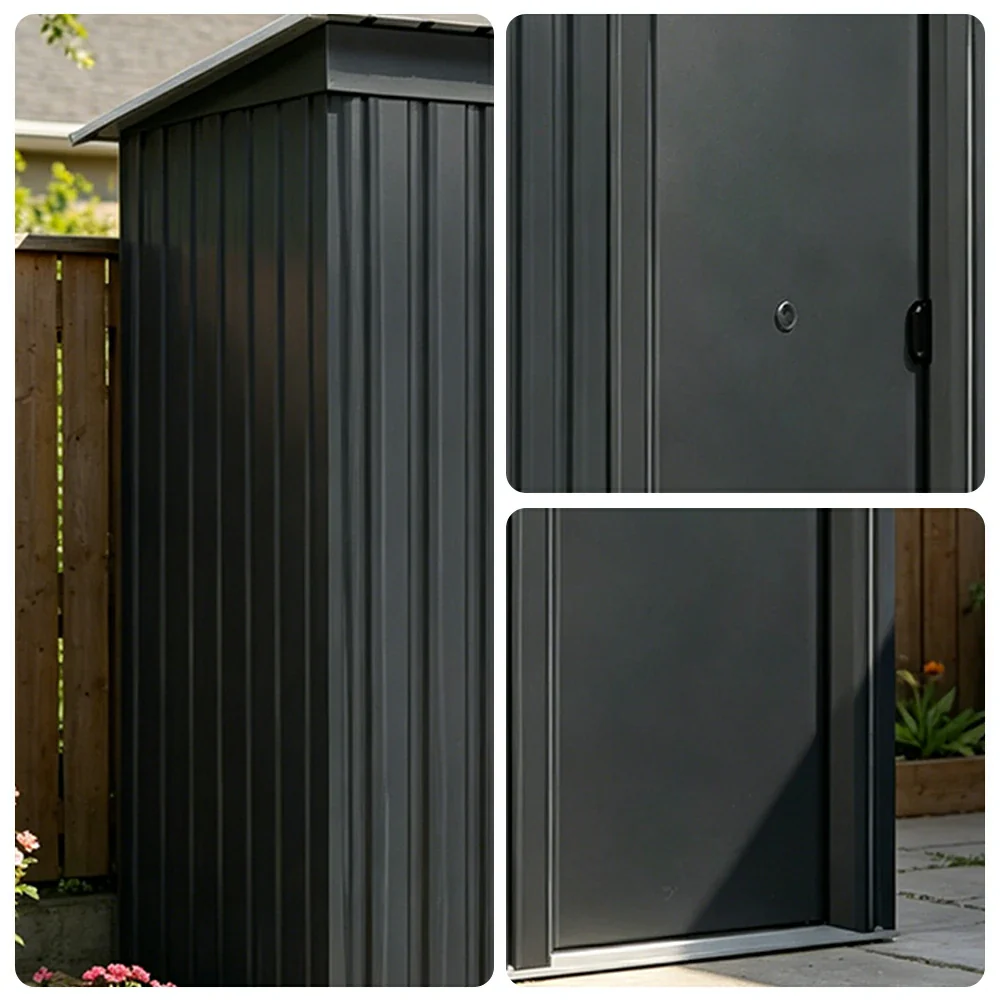 SOLARA Outdoor Metal Storage Shed Single Door Compact Design Weatherproof Sloped Roof Reinforced Frame Garden Backyard Tool Storage - Black - Image 3