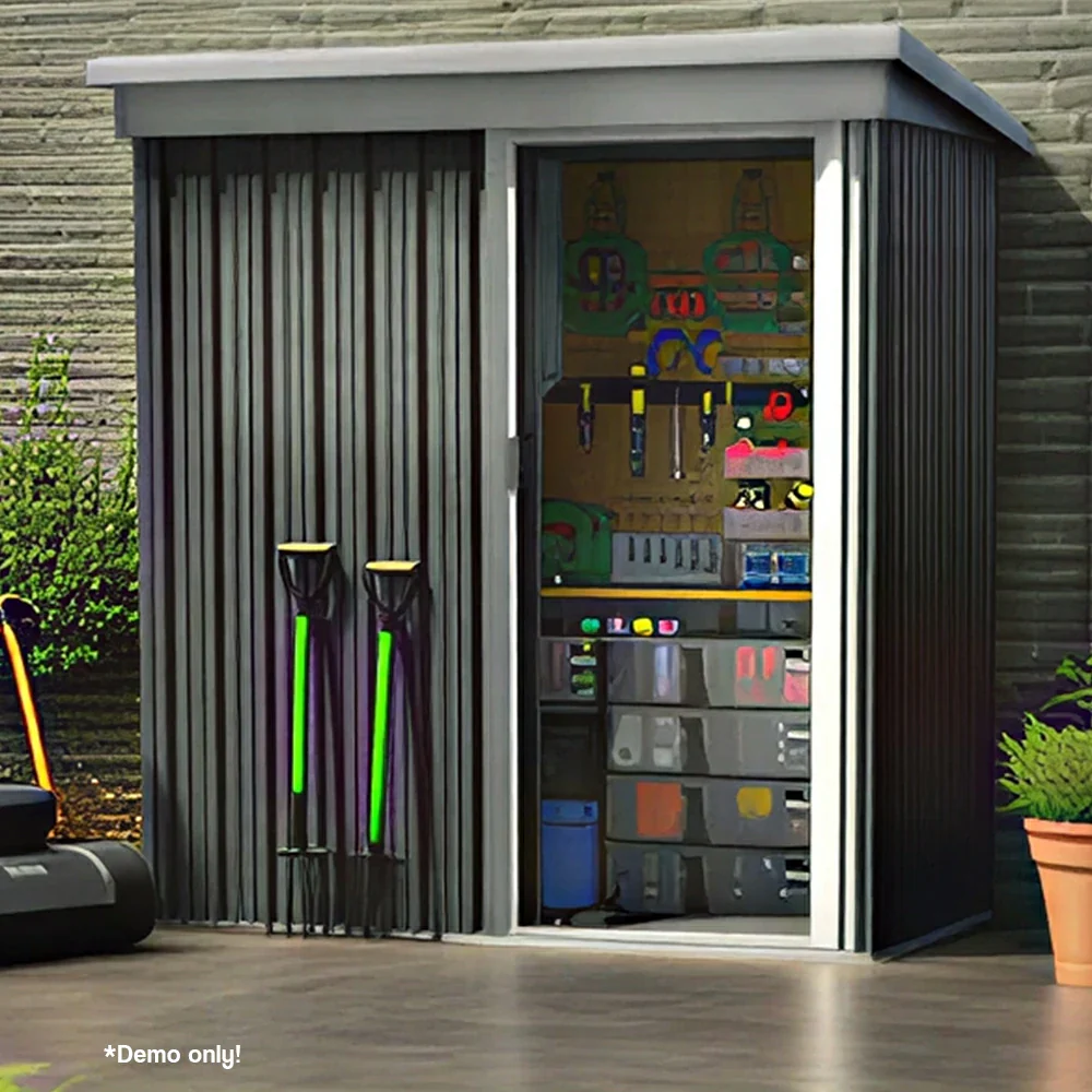 SOLARA Outdoor Metal Storage Shed Single Door Compact Design Weatherproof Sloped Roof Reinforced Frame Garden Backyard Tool Storage - Black - Image 4