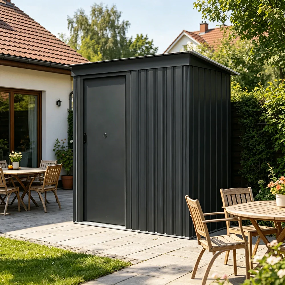SOLARA Outdoor Metal Storage Shed Single Door Compact Design Weatherproof Sloped Roof Reinforced Frame Garden Backyard Tool Storage - Black - Image 5