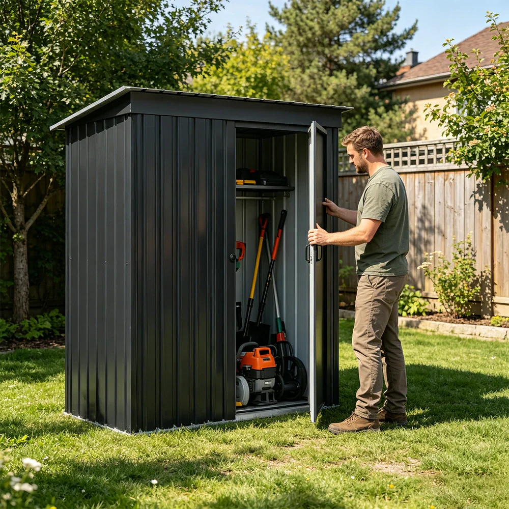 SOLARA Outdoor Metal Storage Shed Single Door Compact Design Weatherproof Sloped Roof Reinforced Frame Garden Backyard Tool Storage - Black - Image 6