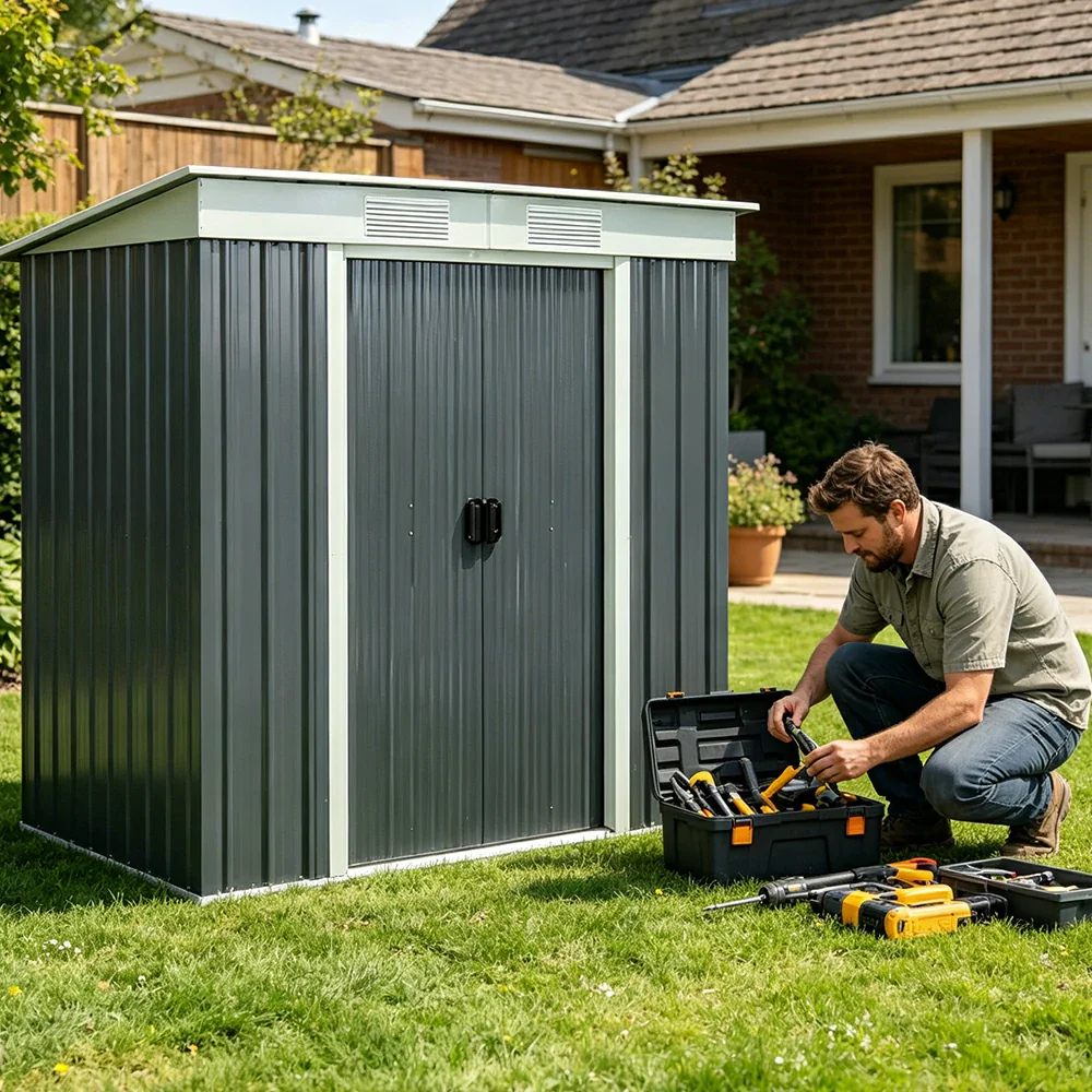 SOLARA Outdoor Metal Storage Shed Double Door Weatherproof Sloped Roof Reinforced Frame Rust Resistant Garden Backyard Tool Storage - Green - Image 6