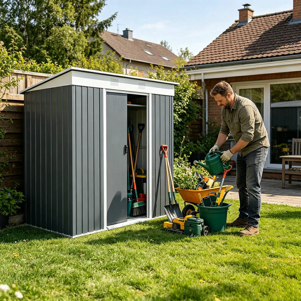 SOLARA Outdoor Metal Storage Shed Large Capacity Double Door Weatherproof Sloped Roof Reinforced Frame Garden Backyard Tool Storage - Grey - Image 4