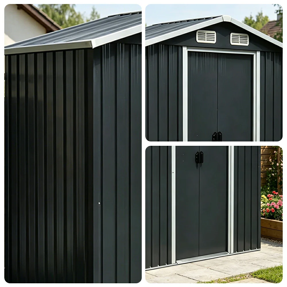 SOLARA Outdoor Metal Storage Shed Double Door Ventilated Design Weatherproof Sloped Roof Reinforced Frame Garden Backyard Tool Storage - Black - Image 3