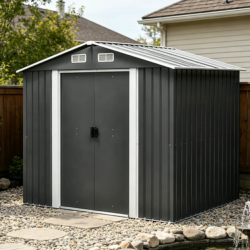 SOLARA Outdoor Metal Storage Shed Extra Large Double Door Ventilated Weatherproof Sloped Roof Reinforced Frame Garden Backyard Tool Storage - Black - Image 2