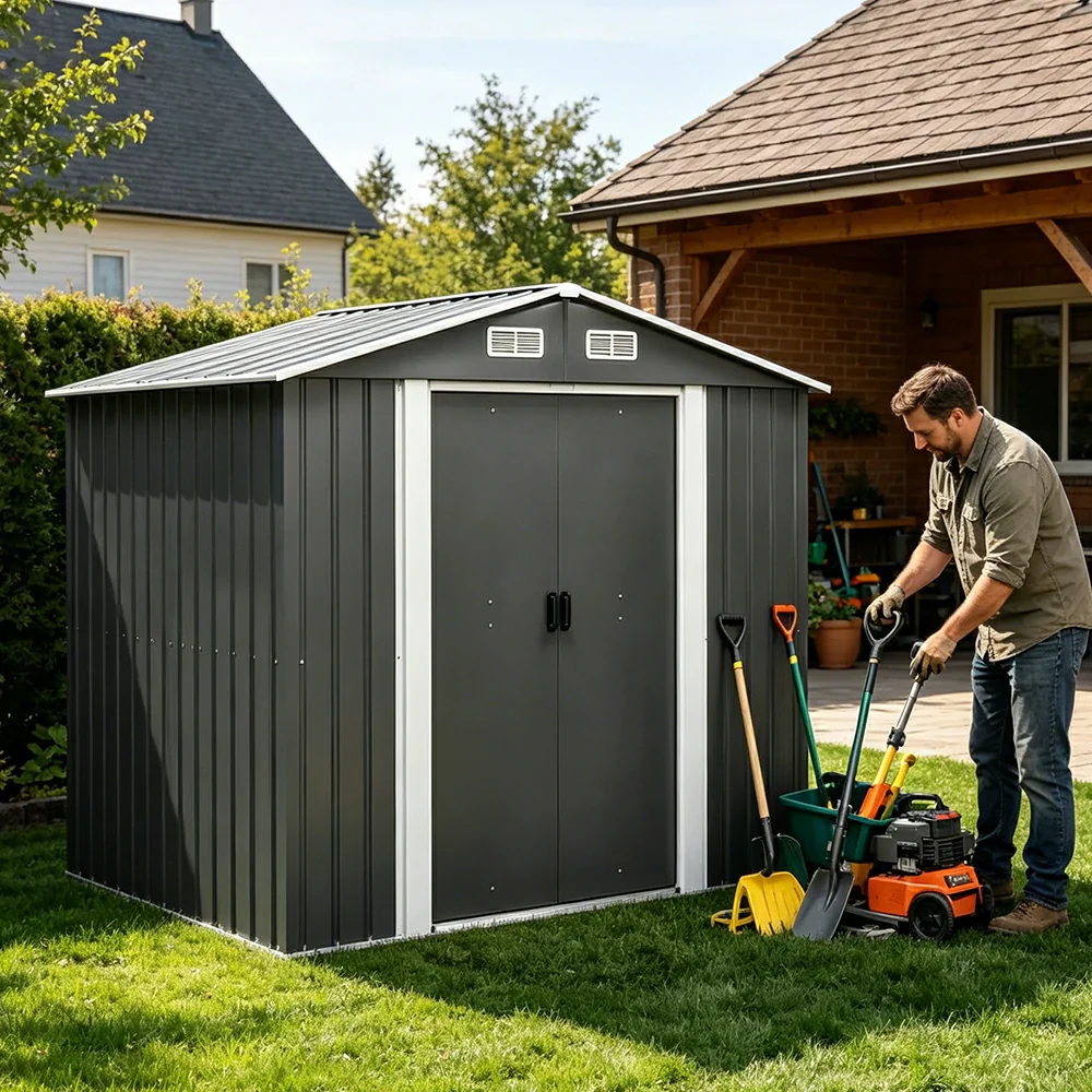 SOLARA Outdoor Metal Storage Shed Extra Large Double Door Ventilated Weatherproof Sloped Roof Reinforced Frame Garden Backyard Tool Storage - Black - Image 5