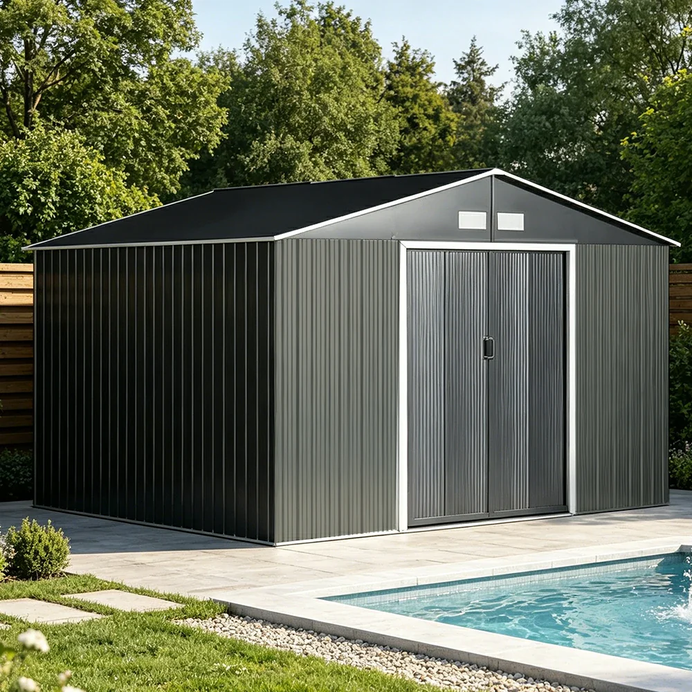 SOLARA Extra Large Outdoor Metal Storage Shed Heavy Duty Double Door Weatherproof Sloped Roof Garden Backyard Warehouse Storage - Black - Image 2