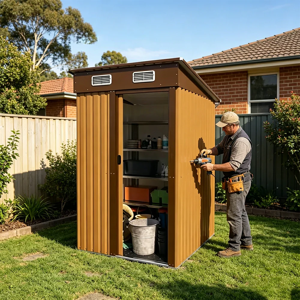SOLARA Outdoor Storage Shed Sloped Roof Weatherproof Steel Large Capacity for Garden Patio Backyard - Brown - Image 5