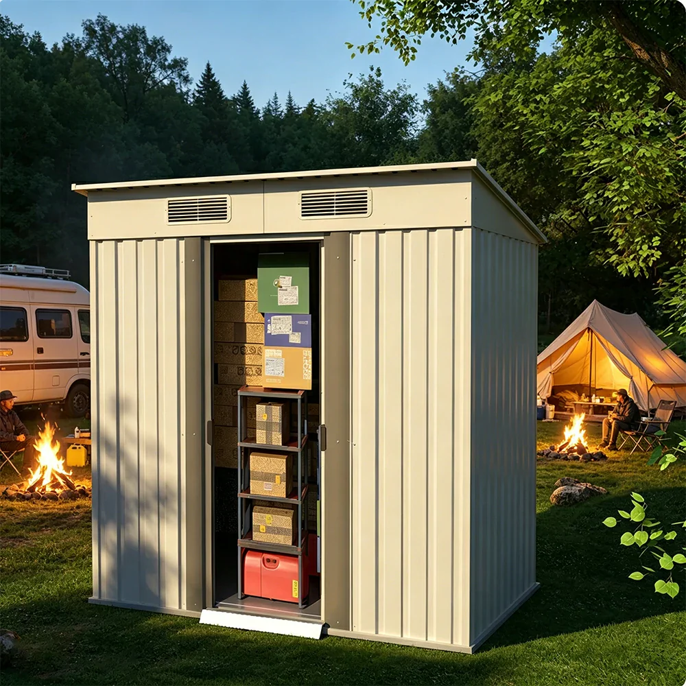 SOLARA Yard Storage Shed Sloped Roof High Strength Steel Sliding Door Secure for Tools Bicycles - White - Image 4