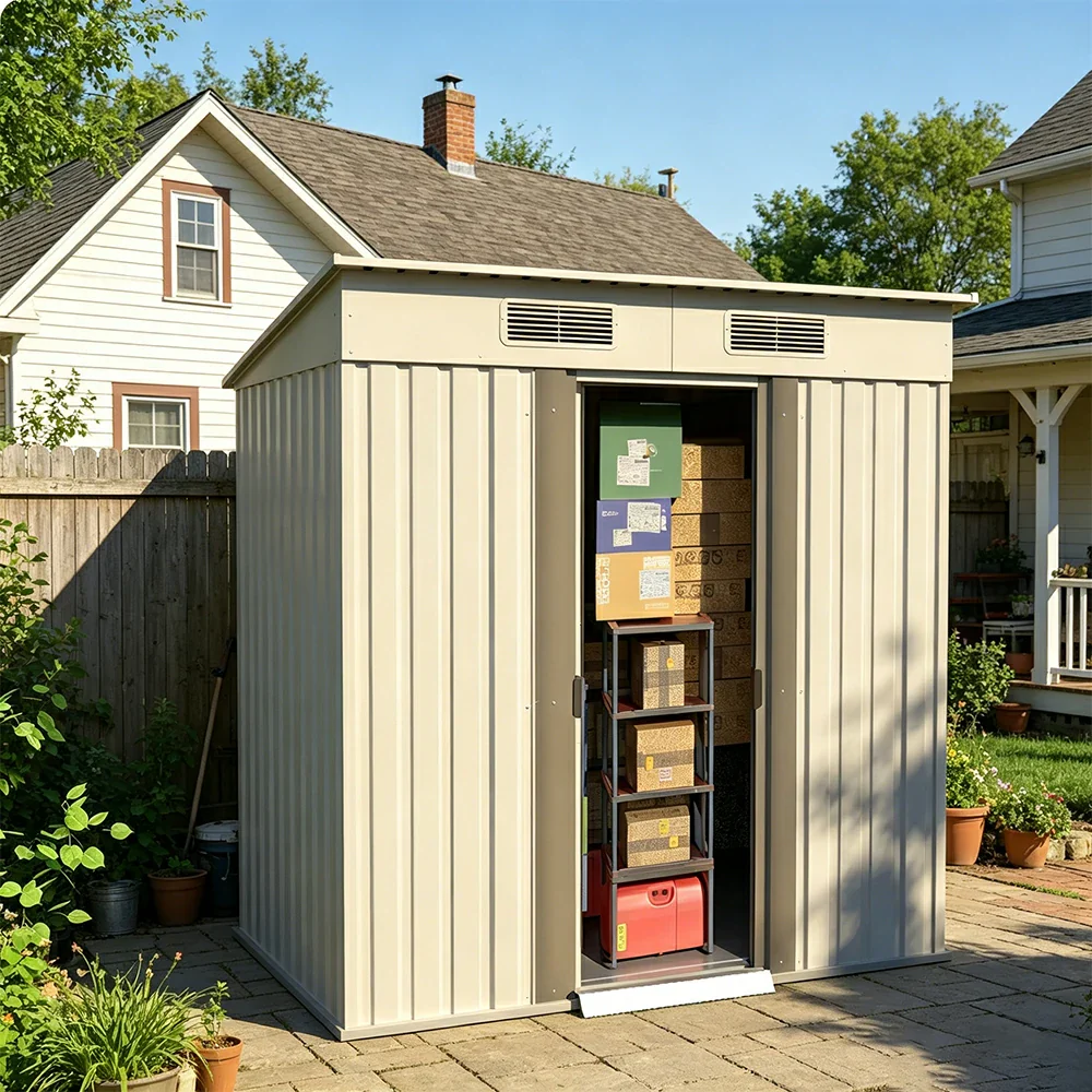 SOLARA Yard Storage Shed Sloped Roof High Strength Steel Sliding Door Secure for Tools Bicycles - White - Image 5