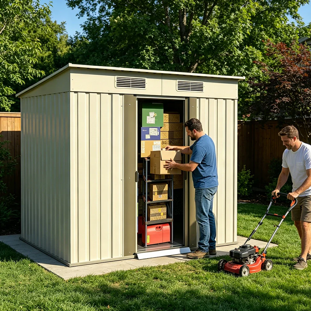 SOLARA Yard Storage Shed Sloped Roof High Strength Steel Sliding Door Secure for Tools Bicycles - White - Image 6