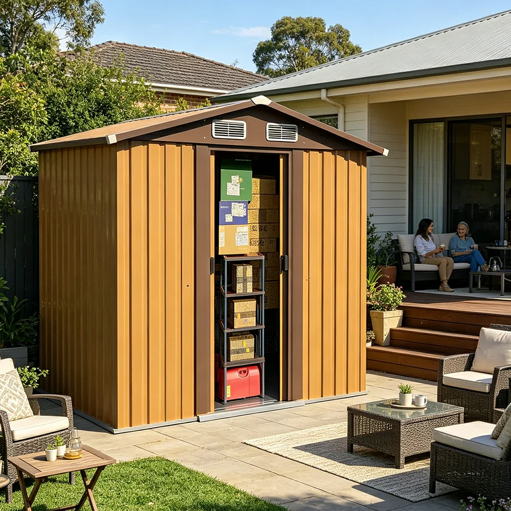 SOLARA Outdoor Storage Shed Apex Roof Weatherproof Steel Large Capacity for Garden Patio Backyard - Brown - Image 2