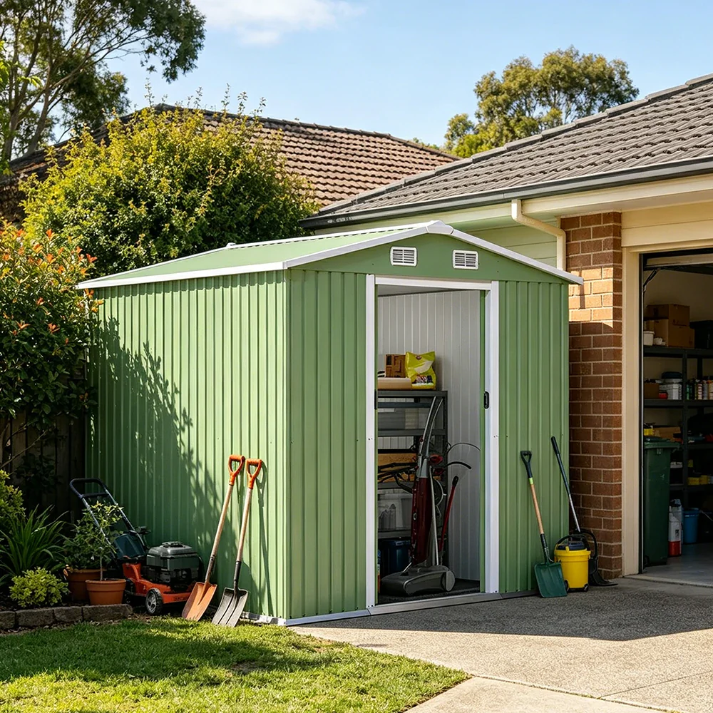SOLARA Yard Storage Shed Apex Roof High Strength Steel Sliding Door Secure for Tools Bicycles - Green - Image 2