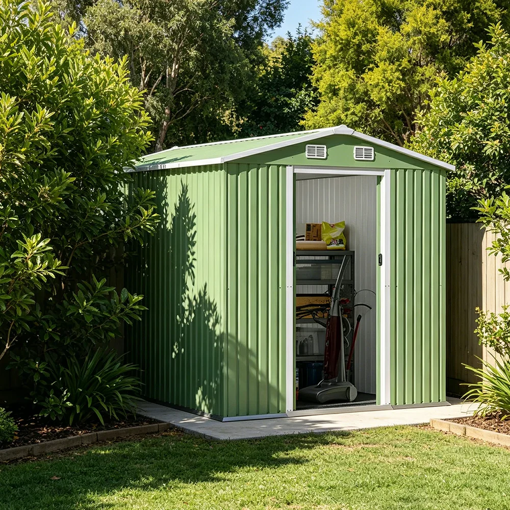 SOLARA Yard Storage Shed Apex Roof High Strength Steel Sliding Door Secure for Tools Bicycles - Green - Image 4