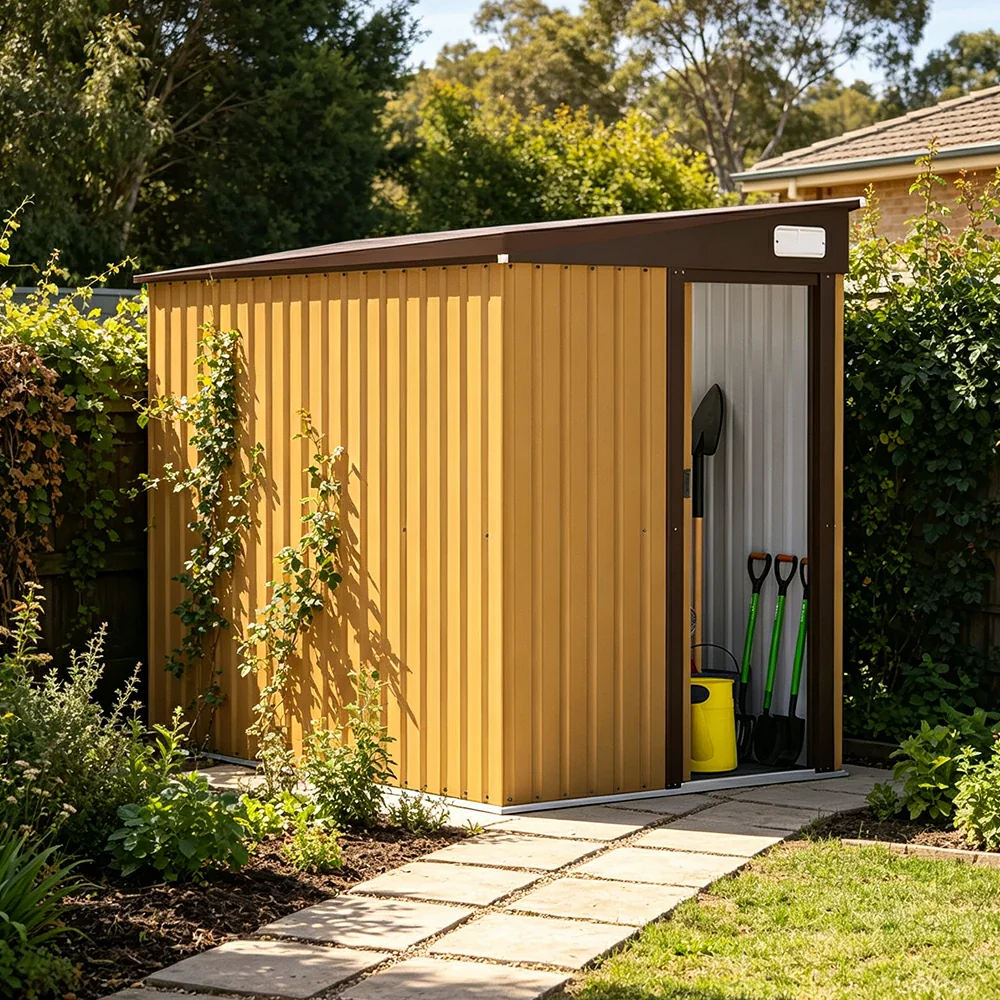 SOLARA Outdoor Storage Shed Sloped Roof Side Door Weatherproof Steel Large Capacity for Garden Patio Backyard - Yellow - Image 5