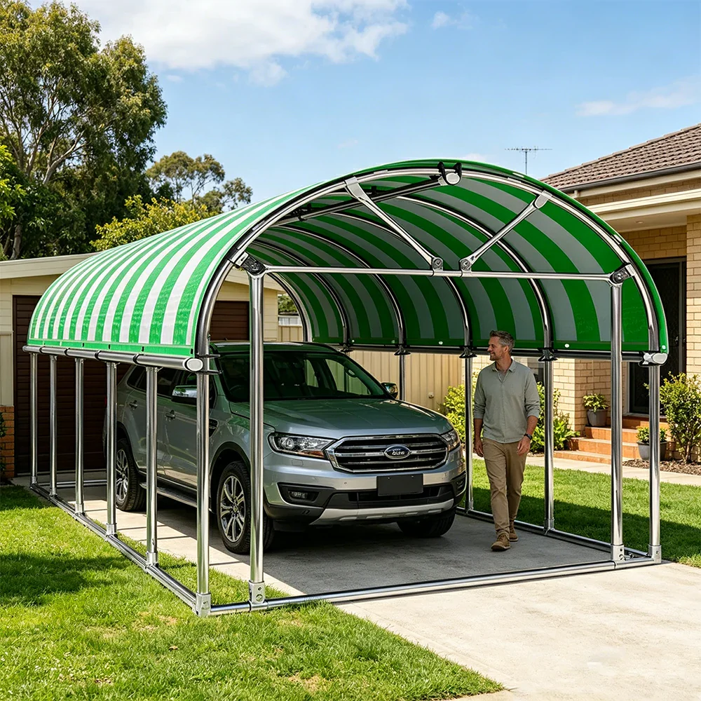 SOLARA Outdoor Car Canopy Sun Shade Waterproof Reinforced Frame 300/400cm for Driveway Patio Parking - Green&White - Image 6