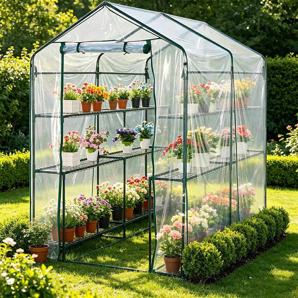 SOLARA Mini Walk-in Greenhouse 2-Tier Transparent Cover Breathable Mesh Roll-Up Door Compact Design for Balcony Garden - Image 2