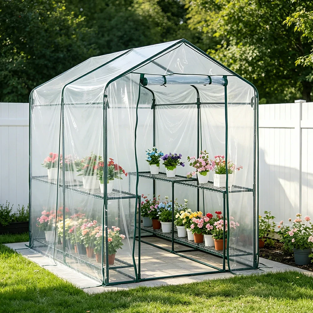 SOLARA Mini Walk-in Greenhouse 2-Tier Transparent Cover Breathable Mesh Roll-Up Door Compact Design for Balcony Garden - Image 5