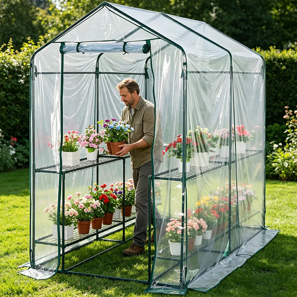 SOLARA Mini Walk-in Greenhouse 2-Tier Transparent Cover Breathable Mesh Roll-Up Door Compact Design for Balcony Garden - Image 6